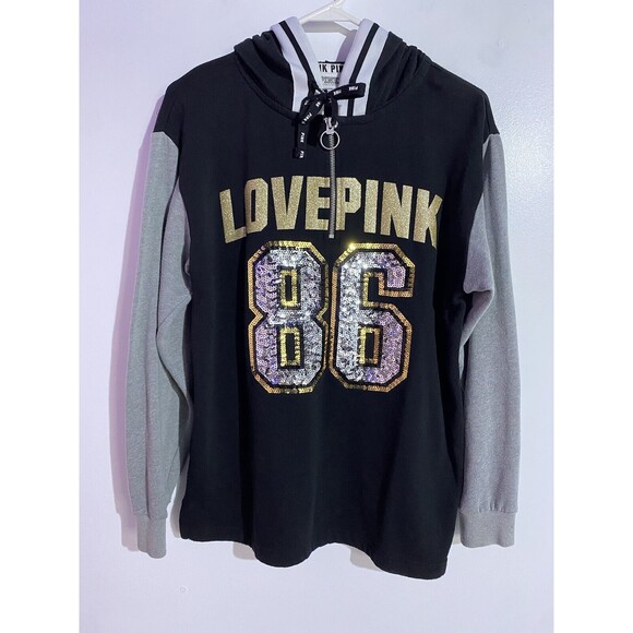 Rare Victoria Secret Pink Hoodie Joggers XS SET Campus 86 Sequin Bling 1/4 Zip - Picture 3 of 16